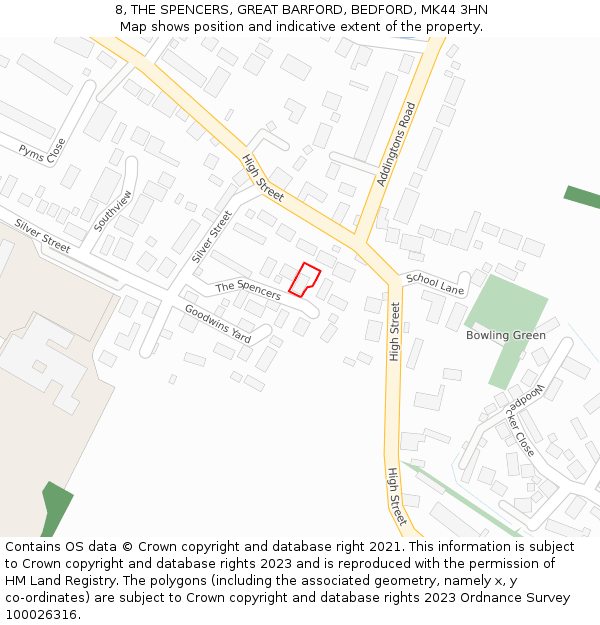 8, THE SPENCERS, GREAT BARFORD, BEDFORD, MK44 3HN: Location map and indicative extent of plot