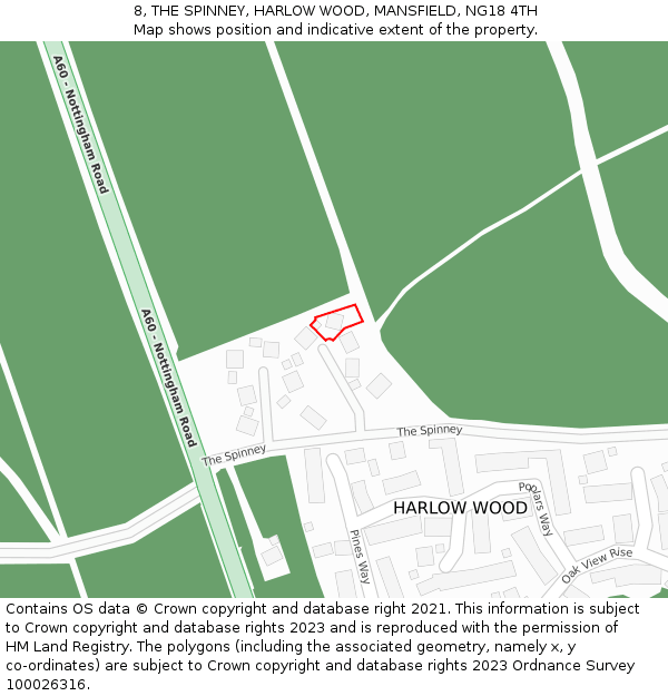 8, THE SPINNEY, HARLOW WOOD, MANSFIELD, NG18 4TH: Location map and indicative extent of plot