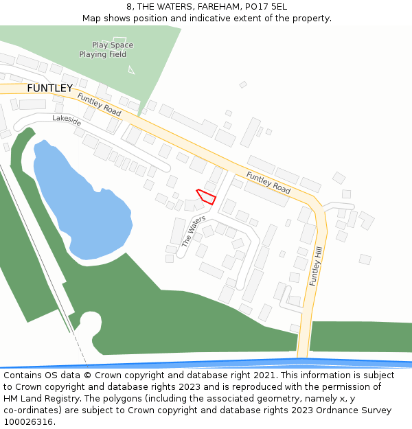 8, THE WATERS, FAREHAM, PO17 5EL: Location map and indicative extent of plot