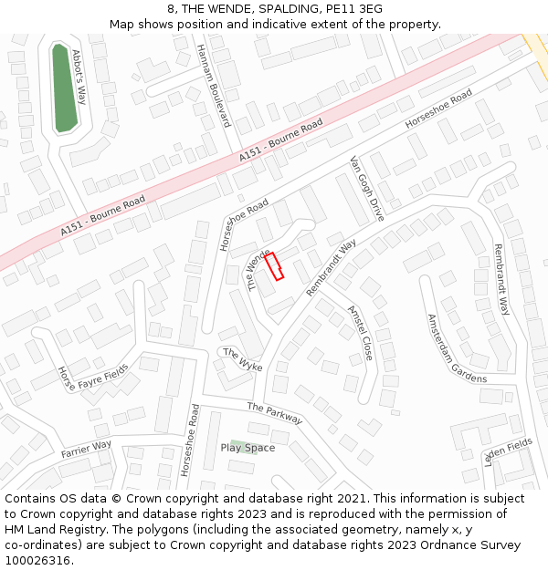 8, THE WENDE, SPALDING, PE11 3EG: Location map and indicative extent of plot