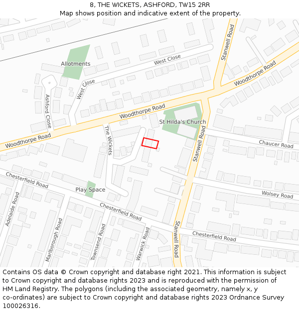 8, THE WICKETS, ASHFORD, TW15 2RR: Location map and indicative extent of plot