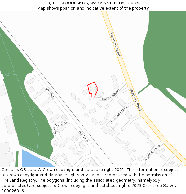 8, THE WOODLANDS, WARMINSTER, BA12 0DX: Location map and indicative extent of plot