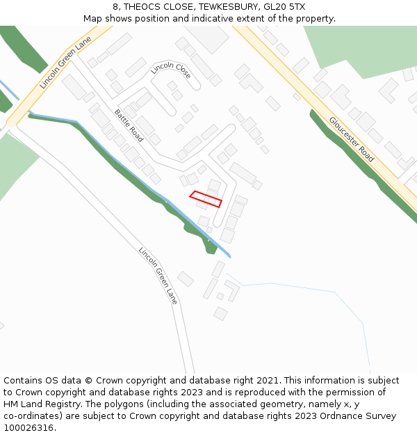 8, THEOCS CLOSE, TEWKESBURY, GL20 5TX: Location map and indicative extent of plot