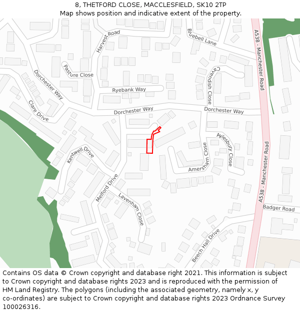 8, THETFORD CLOSE, MACCLESFIELD, SK10 2TP: Location map and indicative extent of plot