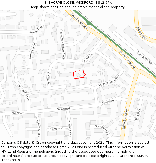 8, THORPE CLOSE, WICKFORD, SS12 9PN: Location map and indicative extent of plot