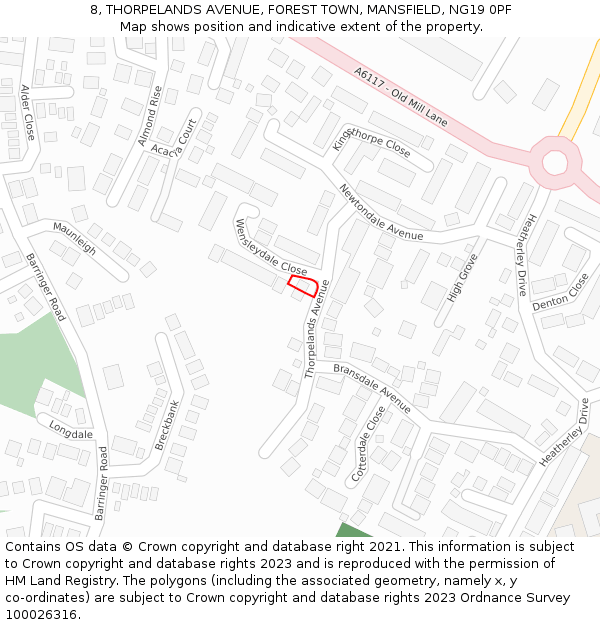 8, THORPELANDS AVENUE, FOREST TOWN, MANSFIELD, NG19 0PF: Location map and indicative extent of plot