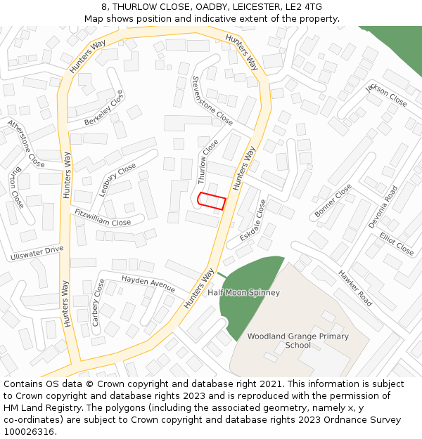 8, THURLOW CLOSE, OADBY, LEICESTER, LE2 4TG: Location map and indicative extent of plot