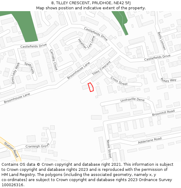 8, TILLEY CRESCENT, PRUDHOE, NE42 5FJ: Location map and indicative extent of plot