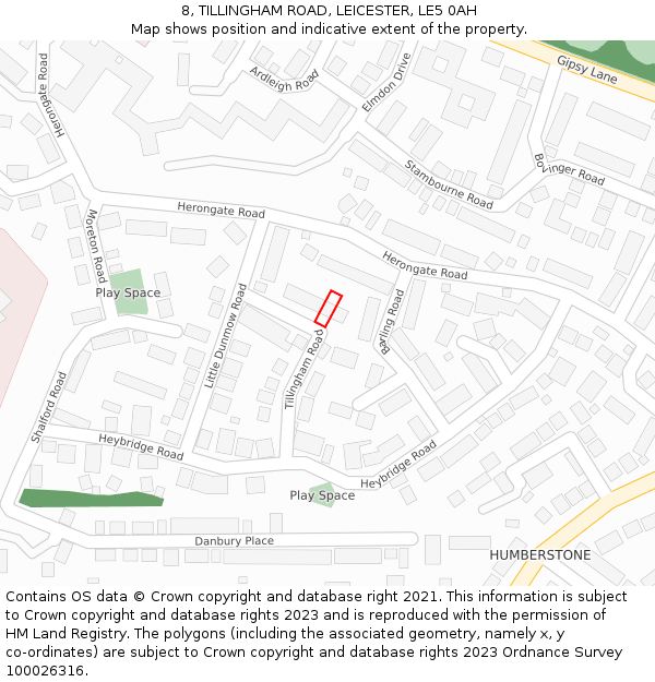 8, TILLINGHAM ROAD, LEICESTER, LE5 0AH: Location map and indicative extent of plot