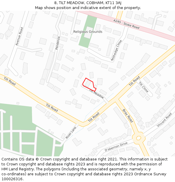 8, TILT MEADOW, COBHAM, KT11 3AJ: Location map and indicative extent of plot