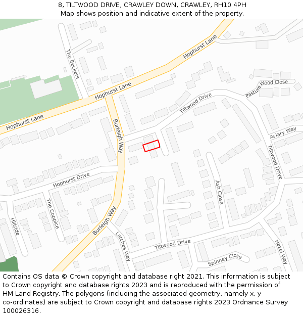 8, TILTWOOD DRIVE, CRAWLEY DOWN, CRAWLEY, RH10 4PH: Location map and indicative extent of plot