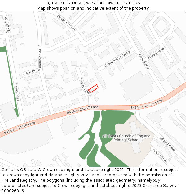 8, TIVERTON DRIVE, WEST BROMWICH, B71 1DA: Location map and indicative extent of plot