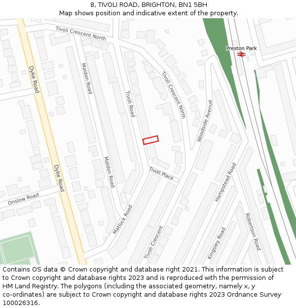 8, TIVOLI ROAD, BRIGHTON, BN1 5BH: Location map and indicative extent of plot