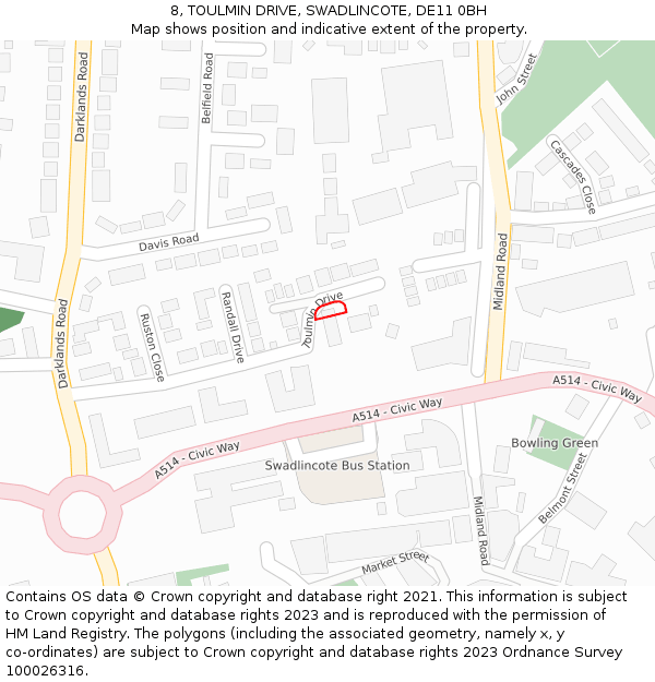 8, TOULMIN DRIVE, SWADLINCOTE, DE11 0BH: Location map and indicative extent of plot