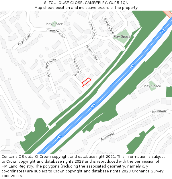 8, TOULOUSE CLOSE, CAMBERLEY, GU15 1QN: Location map and indicative extent of plot