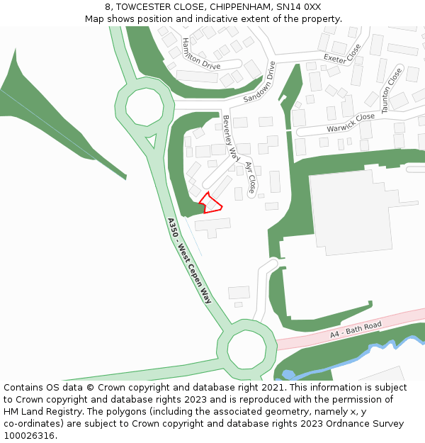 8, TOWCESTER CLOSE, CHIPPENHAM, SN14 0XX: Location map and indicative extent of plot