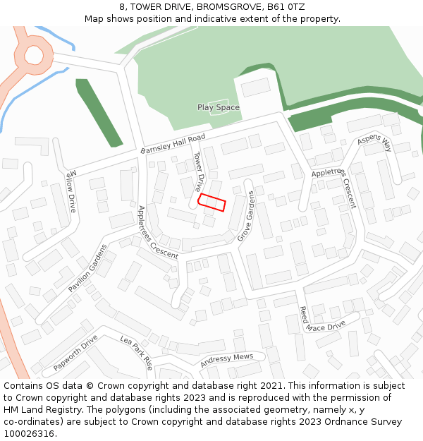 8, TOWER DRIVE, BROMSGROVE, B61 0TZ: Location map and indicative extent of plot