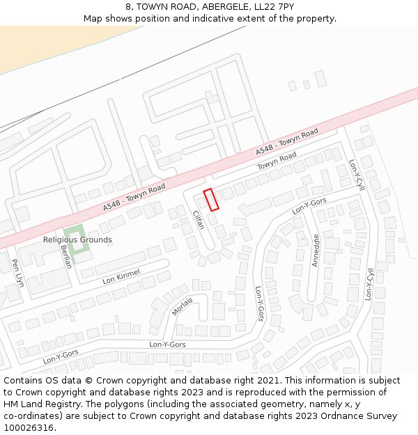 8, TOWYN ROAD, ABERGELE, LL22 7PY: Location map and indicative extent of plot