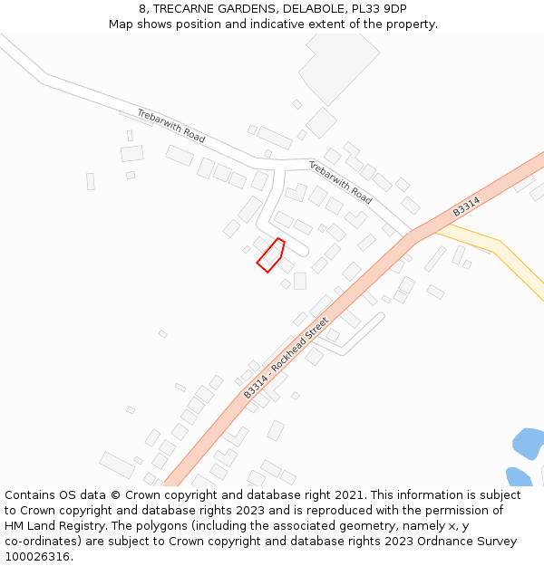 8, TRECARNE GARDENS, DELABOLE, PL33 9DP: Location map and indicative extent of plot