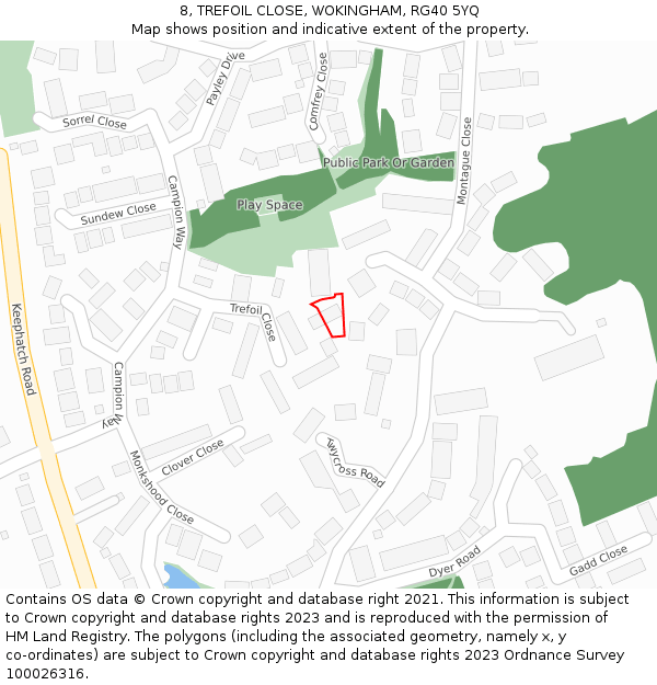 8, TREFOIL CLOSE, WOKINGHAM, RG40 5YQ: Location map and indicative extent of plot