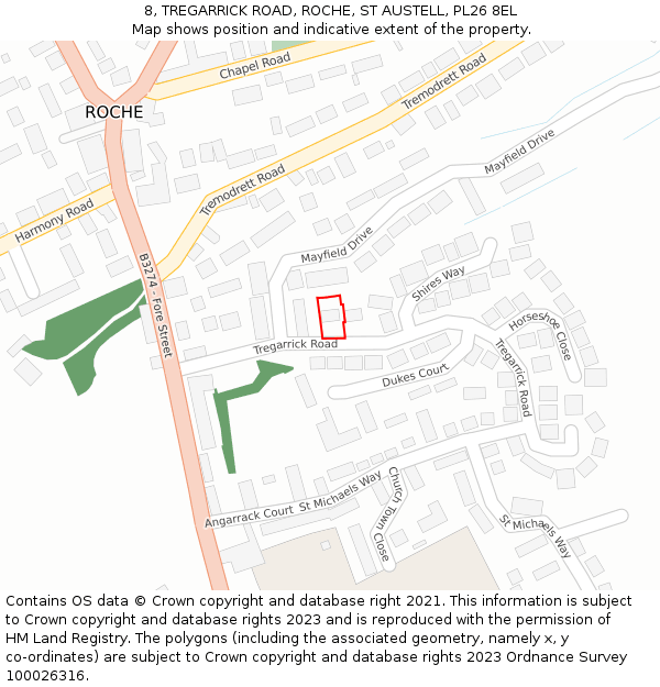 8, TREGARRICK ROAD, ROCHE, ST AUSTELL, PL26 8EL: Location map and indicative extent of plot