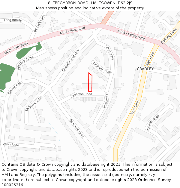 8, TREGARRON ROAD, HALESOWEN, B63 2JS: Location map and indicative extent of plot