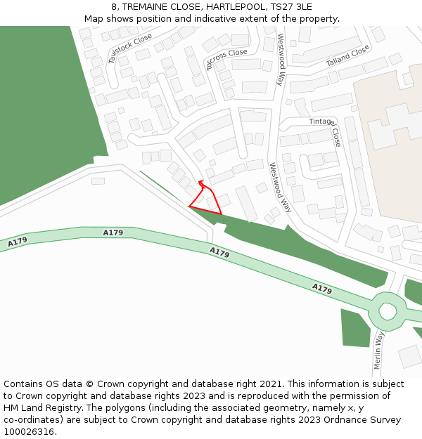 8, TREMAINE CLOSE, HARTLEPOOL, TS27 3LE: Location map and indicative extent of plot