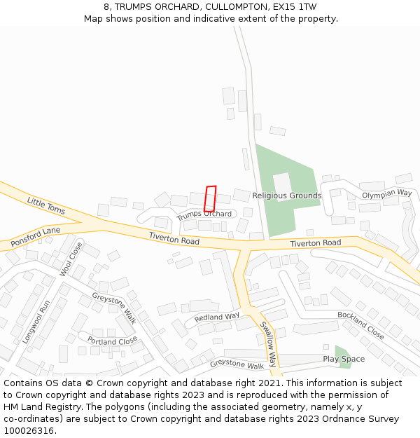 8, TRUMPS ORCHARD, CULLOMPTON, EX15 1TW: Location map and indicative extent of plot