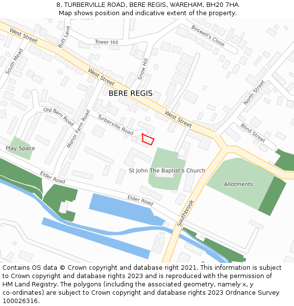 8, TURBERVILLE ROAD, BERE REGIS, WAREHAM, BH20 7HA: Location map and indicative extent of plot