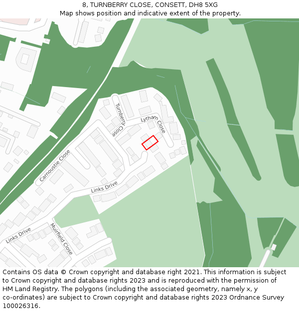 8, TURNBERRY CLOSE, CONSETT, DH8 5XG: Location map and indicative extent of plot