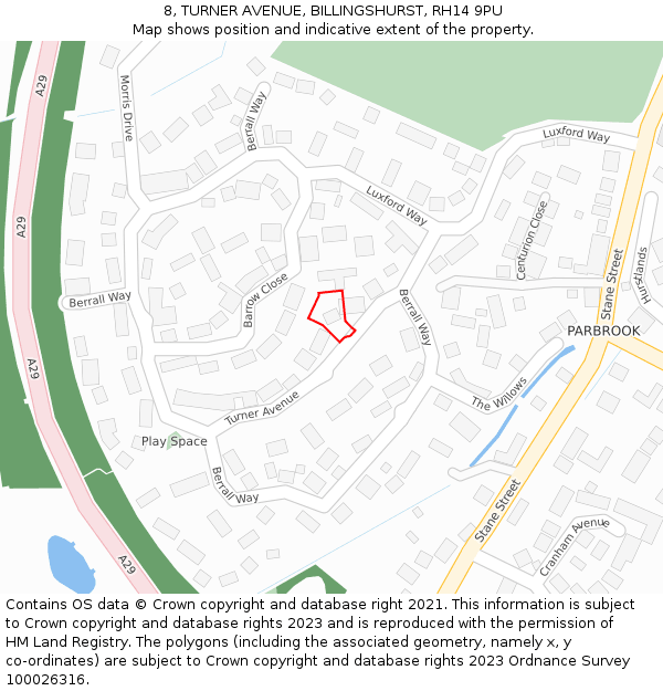 8, TURNER AVENUE, BILLINGSHURST, RH14 9PU: Location map and indicative extent of plot