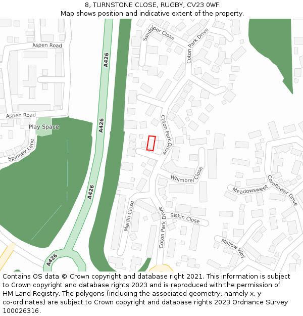 8, TURNSTONE CLOSE, RUGBY, CV23 0WF: Location map and indicative extent of plot