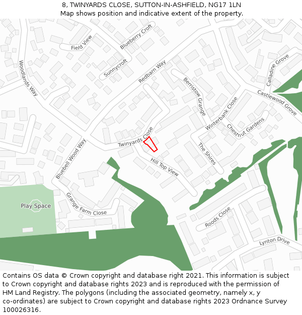 8, TWINYARDS CLOSE, SUTTON-IN-ASHFIELD, NG17 1LN: Location map and indicative extent of plot