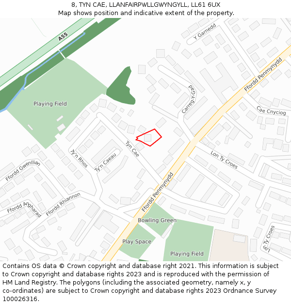 8, TYN CAE, LLANFAIRPWLLGWYNGYLL, LL61 6UX: Location map and indicative extent of plot