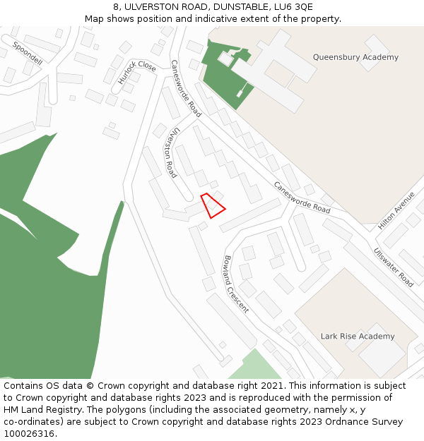 8, ULVERSTON ROAD, DUNSTABLE, LU6 3QE: Location map and indicative extent of plot