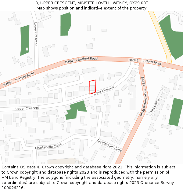 8, UPPER CRESCENT, MINSTER LOVELL, WITNEY, OX29 0RT: Location map and indicative extent of plot