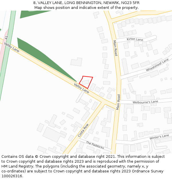 8, VALLEY LANE, LONG BENNINGTON, NEWARK, NG23 5FR: Location map and indicative extent of plot