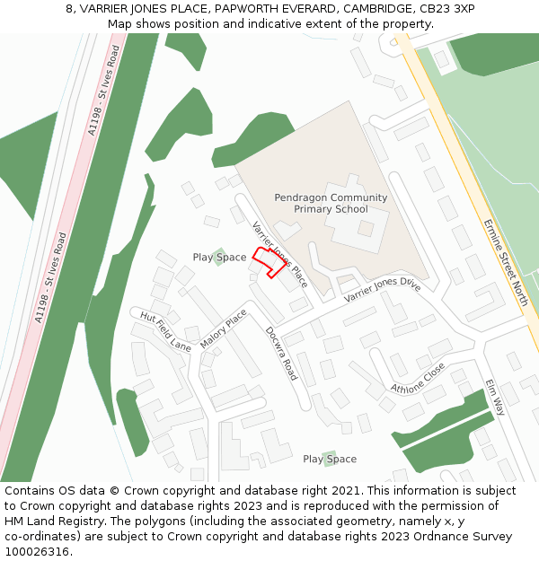 8, VARRIER JONES PLACE, PAPWORTH EVERARD, CAMBRIDGE, CB23 3XP: Location map and indicative extent of plot