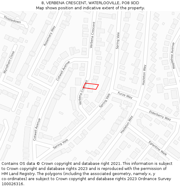 8, VERBENA CRESCENT, WATERLOOVILLE, PO8 9DD: Location map and indicative extent of plot