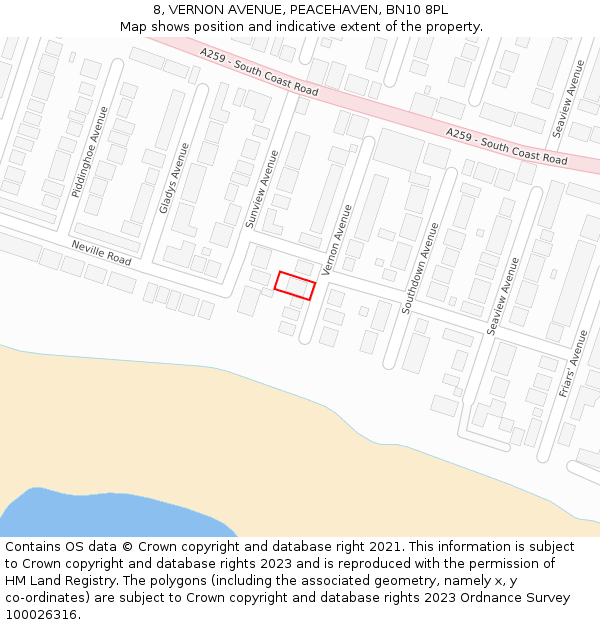 8, VERNON AVENUE, PEACEHAVEN, BN10 8PL: Location map and indicative extent of plot