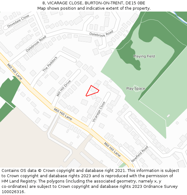 8, VICARAGE CLOSE, BURTON-ON-TRENT, DE15 0BE: Location map and indicative extent of plot