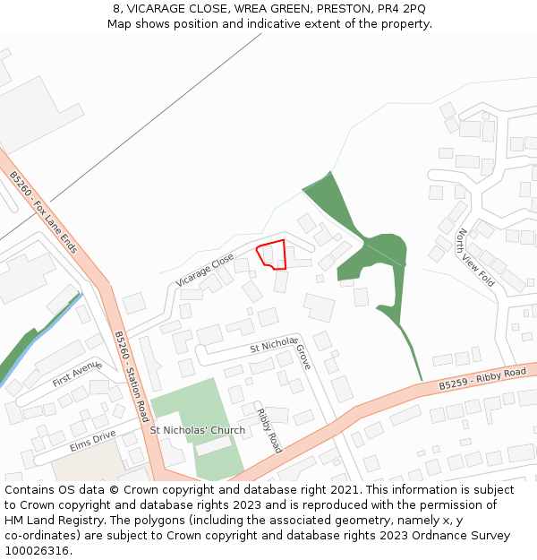 8, VICARAGE CLOSE, WREA GREEN, PRESTON, PR4 2PQ: Location map and indicative extent of plot