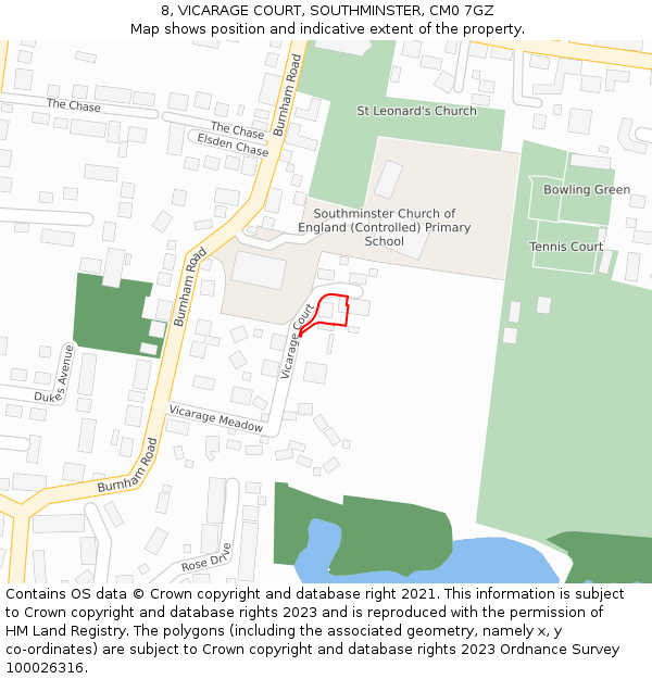 8, VICARAGE COURT, SOUTHMINSTER, CM0 7GZ: Location map and indicative extent of plot