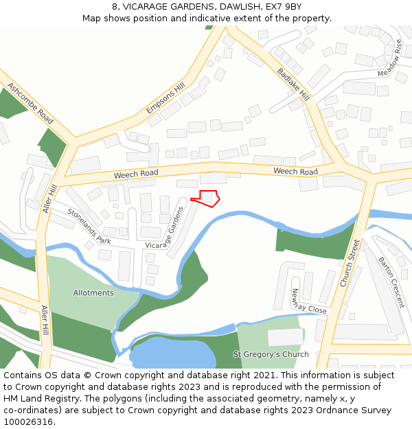 8, VICARAGE GARDENS, DAWLISH, EX7 9BY: Location map and indicative extent of plot