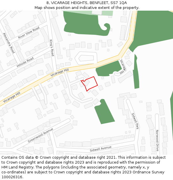 8, VICARAGE HEIGHTS, BENFLEET, SS7 1QA: Location map and indicative extent of plot