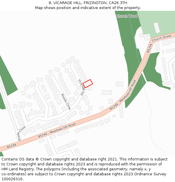 8, VICARAGE HILL, FRIZINGTON, CA26 3TH: Location map and indicative extent of plot