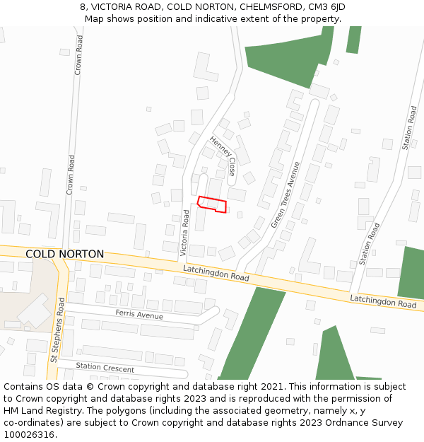 8, VICTORIA ROAD, COLD NORTON, CHELMSFORD, CM3 6JD: Location map and indicative extent of plot