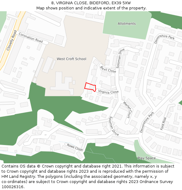 8, VIRGINIA CLOSE, BIDEFORD, EX39 5XW: Location map and indicative extent of plot