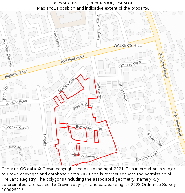8, WALKERS HILL, BLACKPOOL, FY4 5BN: Location map and indicative extent of plot