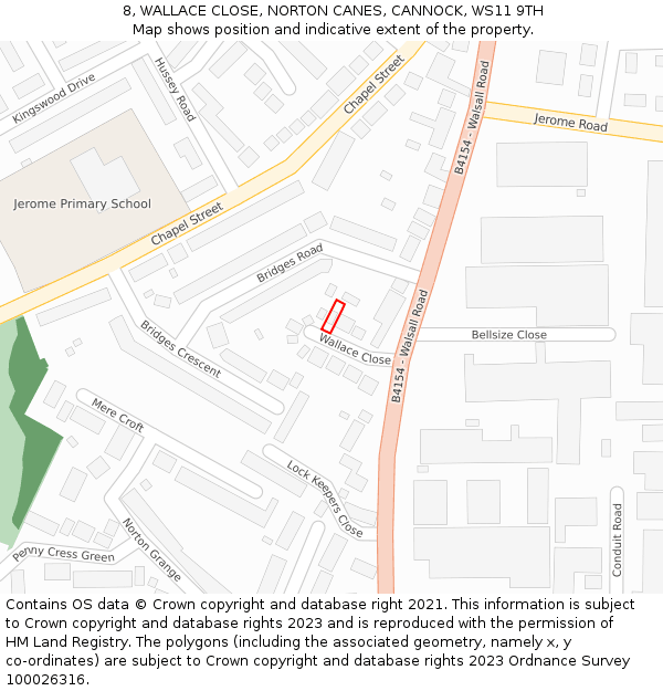 8, WALLACE CLOSE, NORTON CANES, CANNOCK, WS11 9TH: Location map and indicative extent of plot